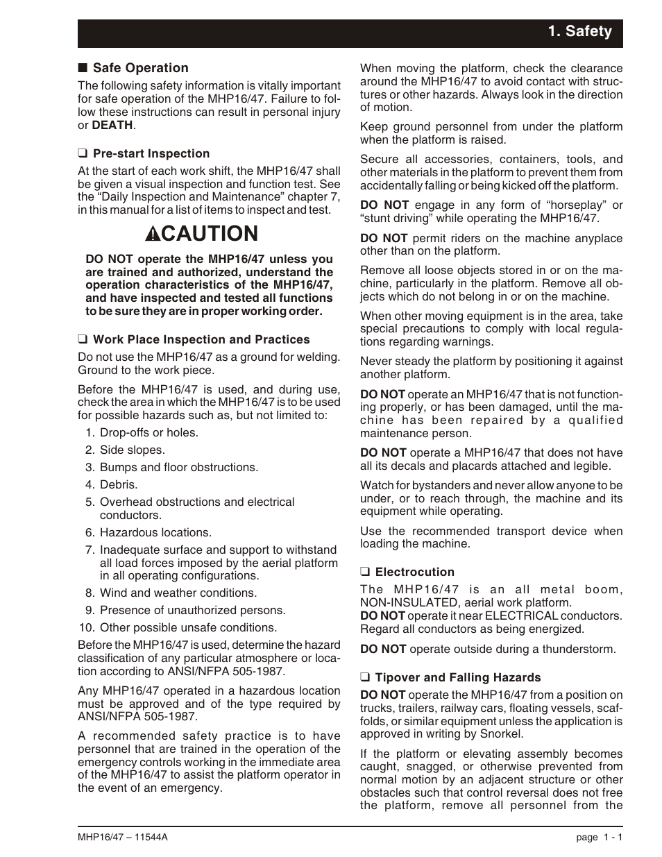 Safety, Safe operation 1-1, Pre-start inspection 1-1 | Work place inspection and practices 1-1, Electrocution 1-1, Tipover and falling hazards 1-1, Electrocution, 1-1, 8-1, Falling hazards, 1-1, Pre-start inspection, 1-1, Safe operation, 1-1 | Snorkel MHP17 User Manual | Page 9 / 65