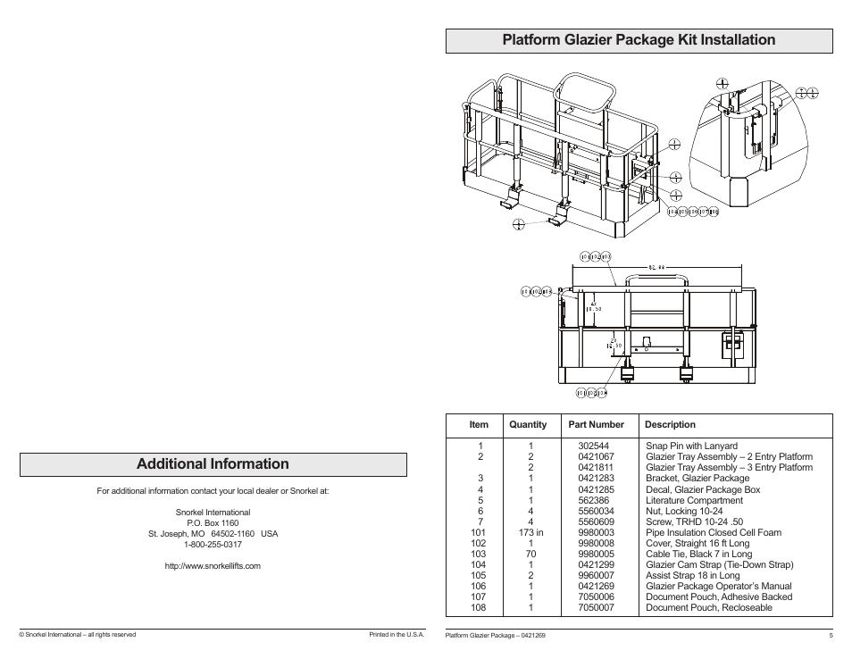 Additional information, Platform glazier package kit installation | Snorkel Platform Glazier Pkg User Manual | Page 2 / 8