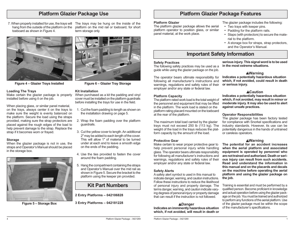 Important safety information, Kit part numbers | Snorkel Platform Glazier Pkg User Manual | Page 6 / 8