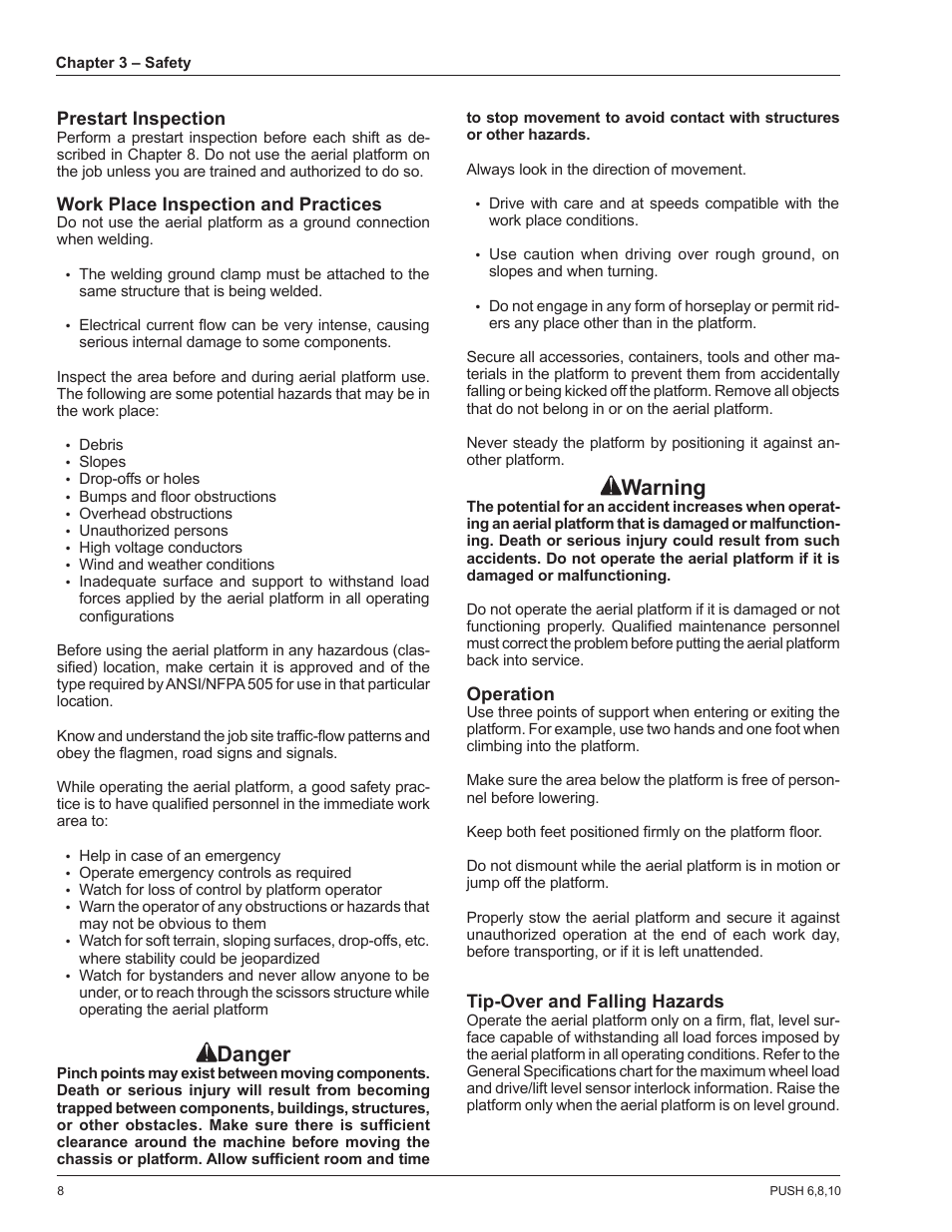 Danger, Warning, Prestart inspection | Work place inspection and practices, Operation, Tip-over and falling hazards | Snorkel POP UP PUSH 10 User Manual | Page 12 / 50
