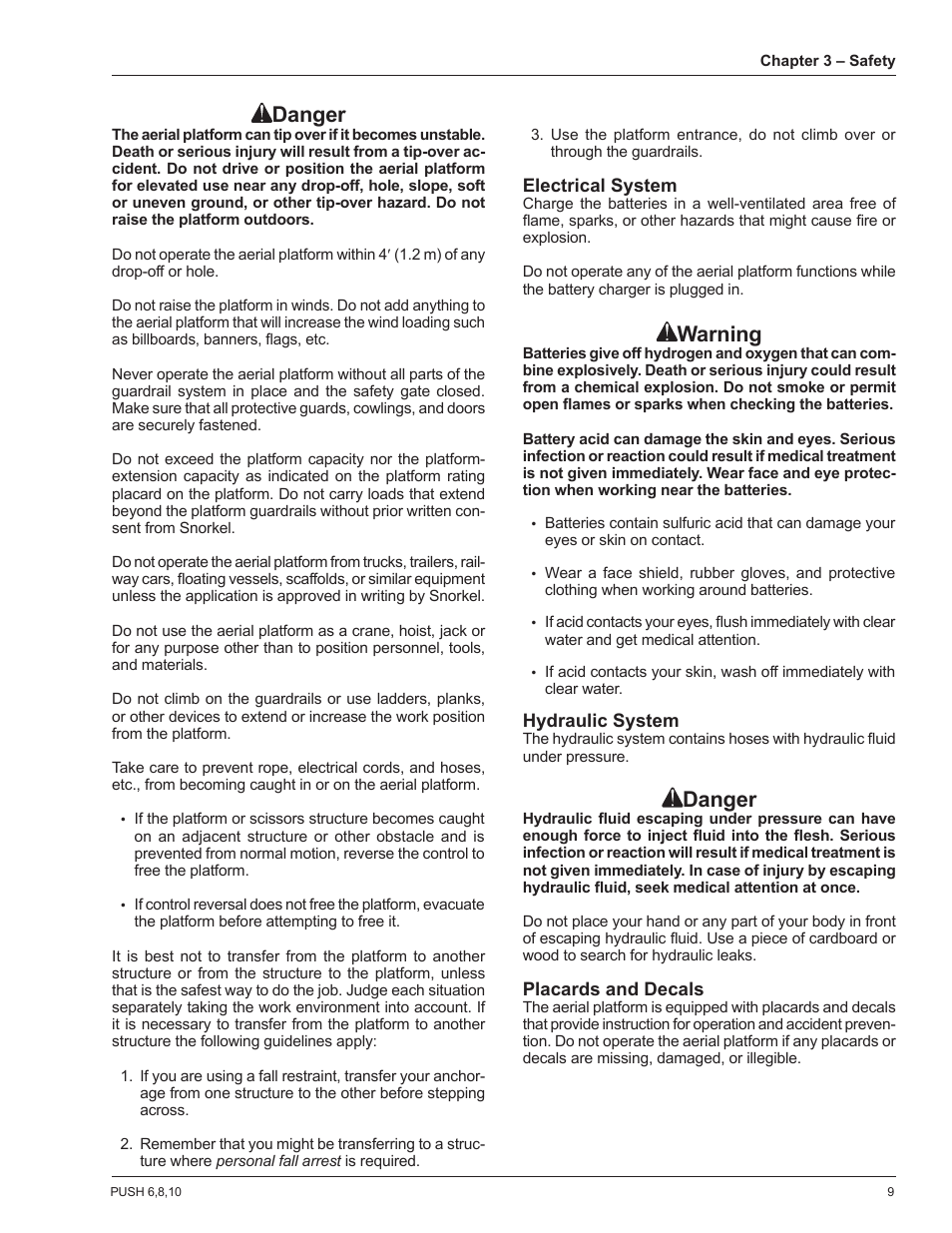 Danger, Warning | Snorkel POP UP PUSH 10 User Manual | Page 13 / 50