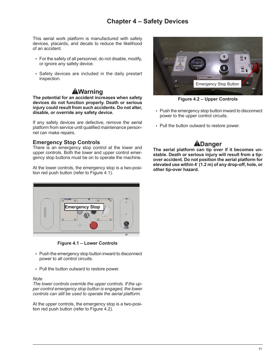 Danger, Chapter 4 – safety devices, Warning | Snorkel POP UP PUSH 10 User Manual | Page 15 / 50