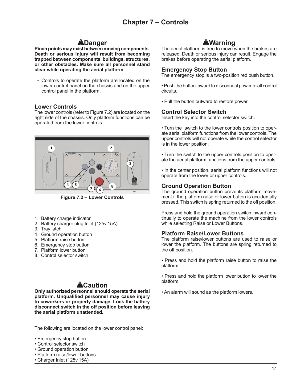 Warning, Chapter 7 – controls danger, Caution | Snorkel POP UP PUSH 10 User Manual | Page 21 / 50