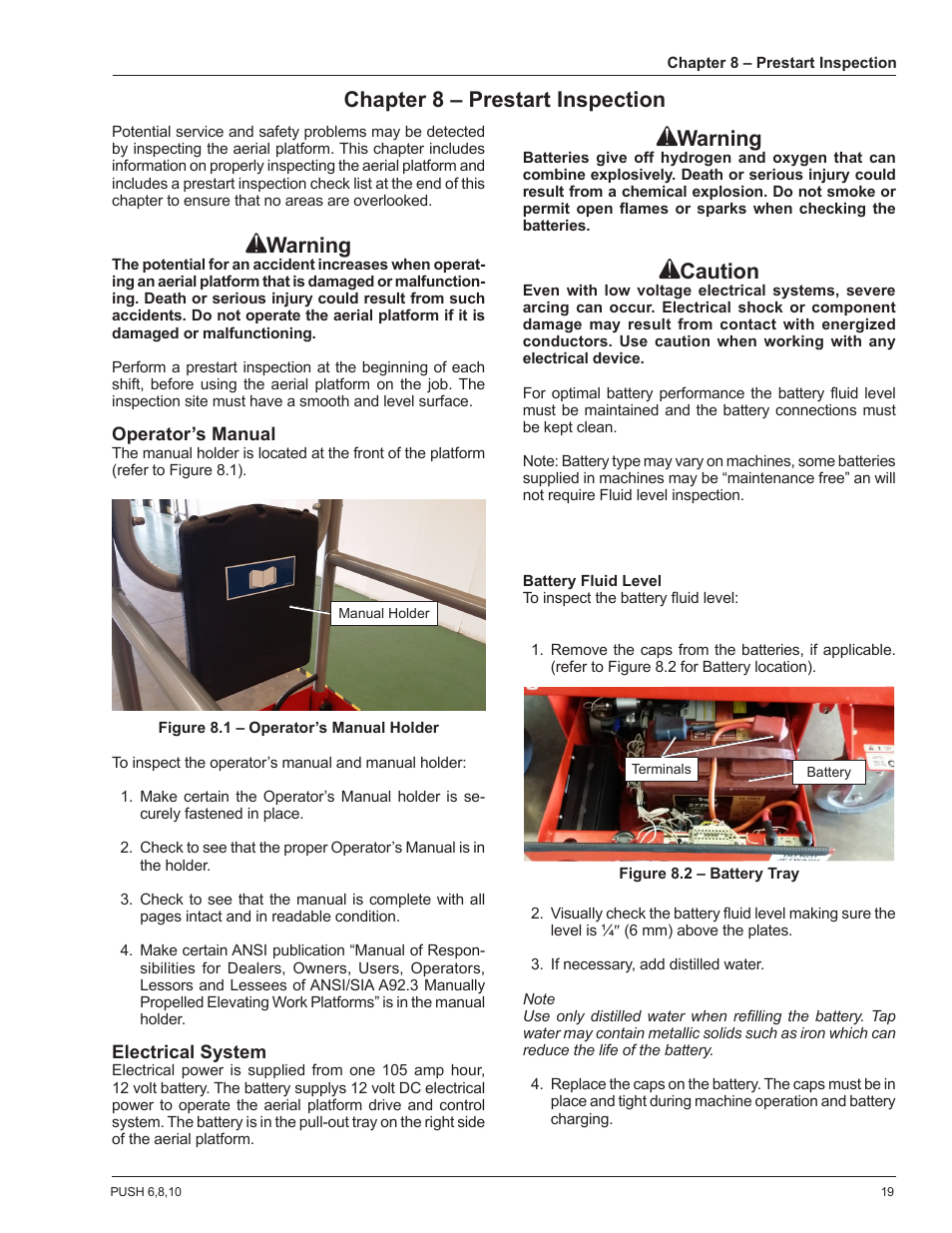 Warning, Chapter 8 – prestart inspection warning, Caution | Snorkel POP UP PUSH 10 User Manual | Page 23 / 50