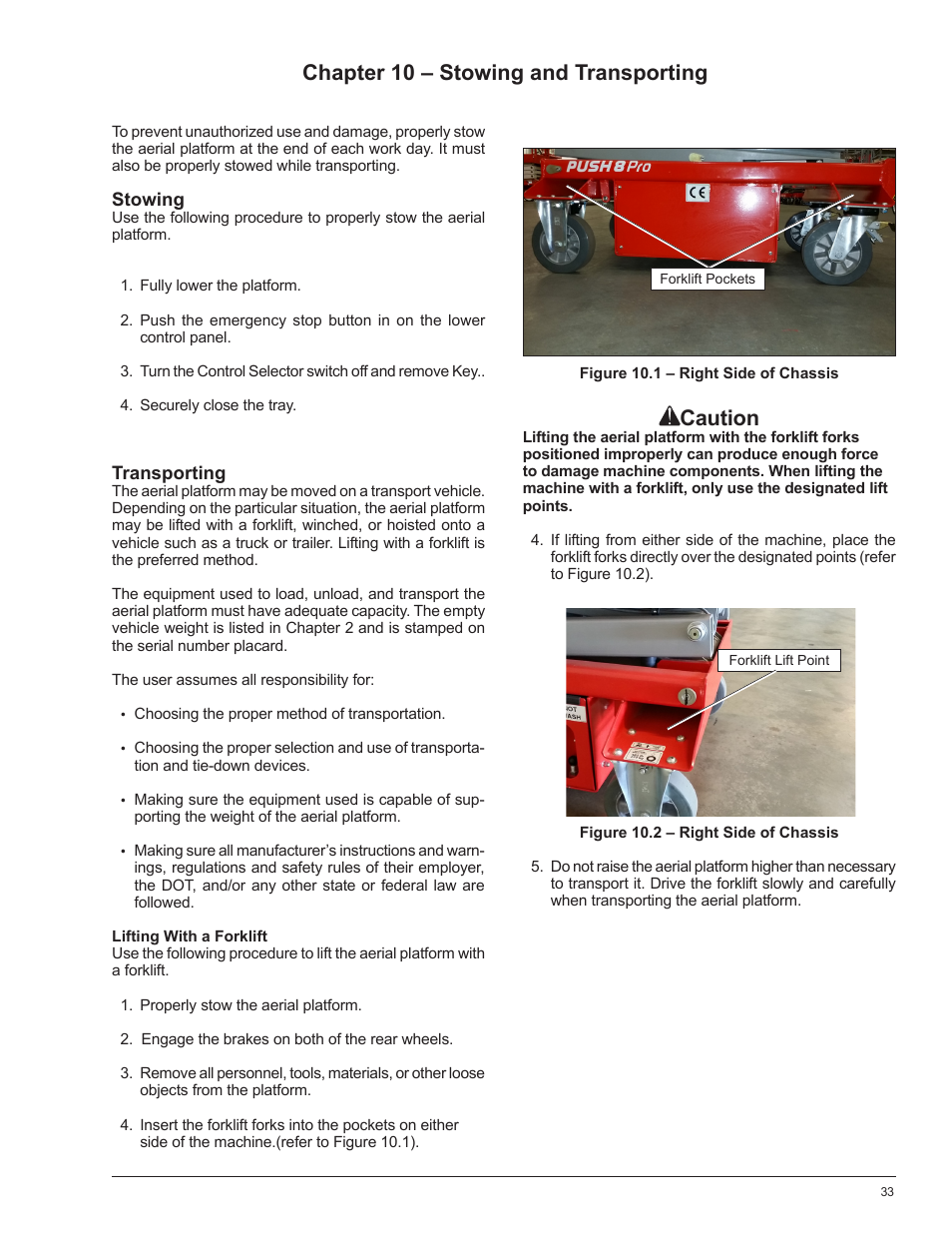 Chapter 10 – stowing and transporting, Caution | Snorkel POP UP PUSH 10 User Manual | Page 37 / 50