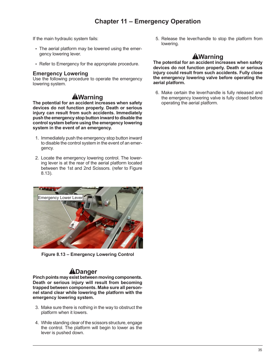 Warning, Danger, Chapter 11 – emergency operation | Snorkel POP UP PUSH 10 User Manual | Page 39 / 50