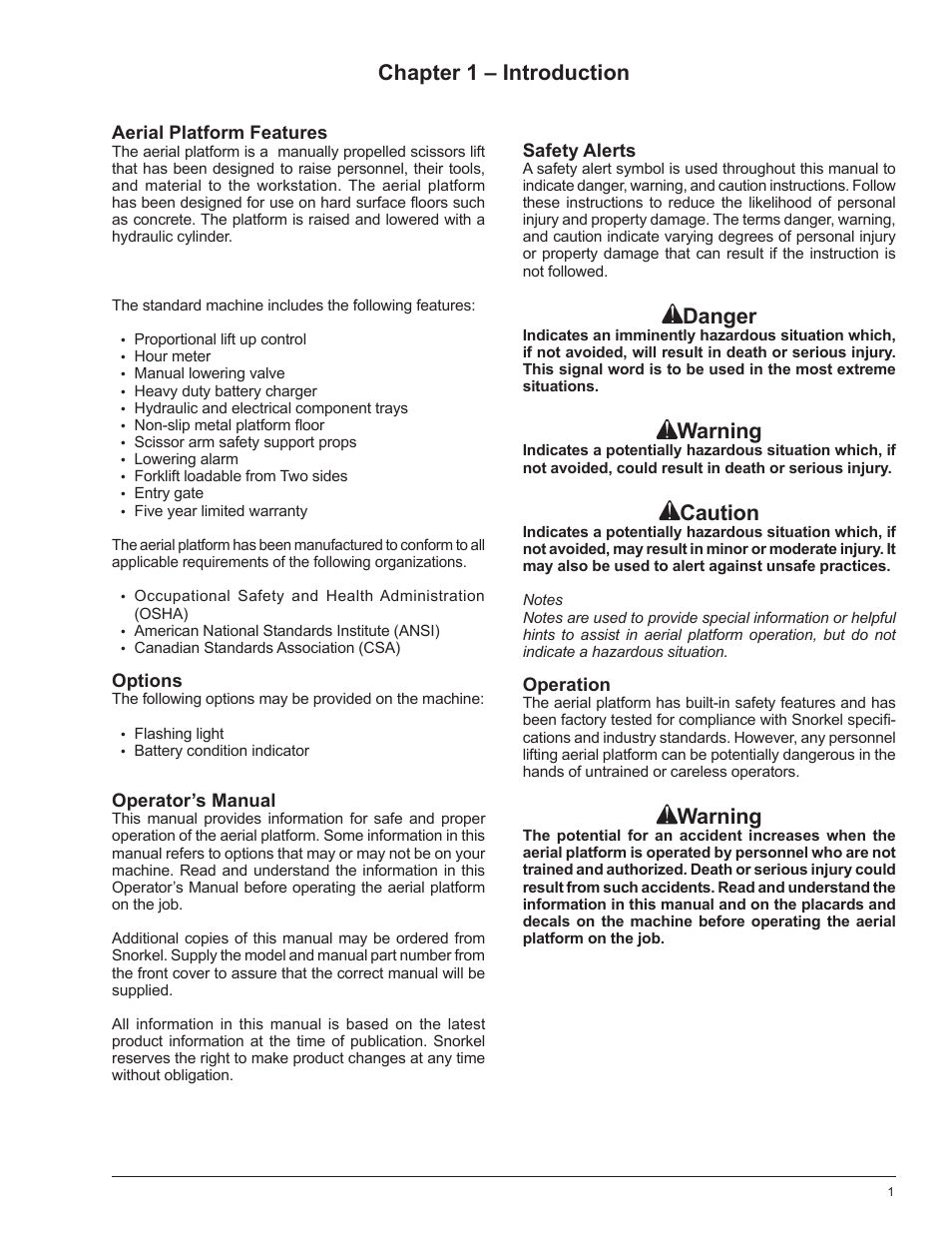 Chapter 1 – introduction, Danger, Warning | Caution, Aerial platform features, Options, Operator’s manual, Safety alerts, Operation | Snorkel POP UP PUSH 10 User Manual | Page 5 / 50