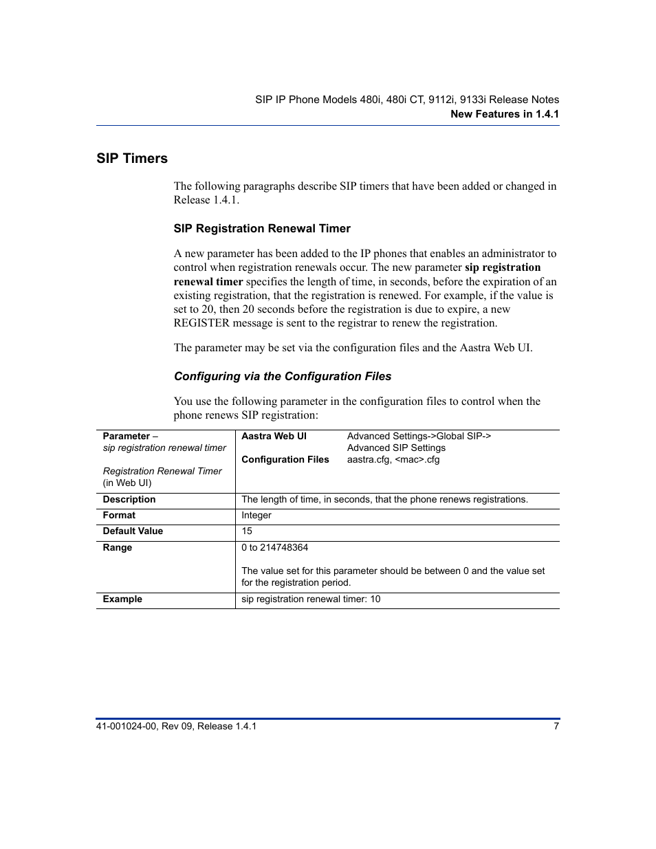 Sip timers, Sip registration renewal timer | Aastra Telecom AASTRA 9112 I User Manual | Page 11 / 60