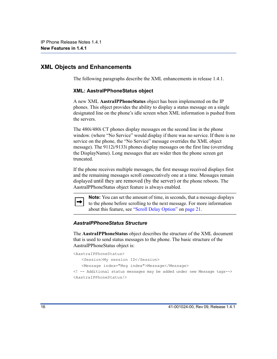 Xml objects and enhancements, Xml: aastraipphonestatus object | Aastra Telecom AASTRA 9112 I User Manual | Page 20 / 60