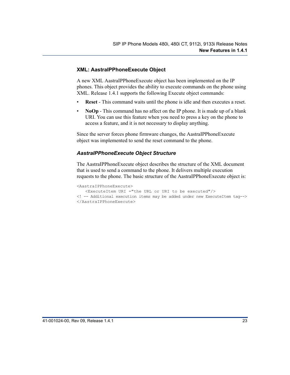 Xml: aastraipphoneexecute object | Aastra Telecom AASTRA 9112 I User Manual | Page 27 / 60