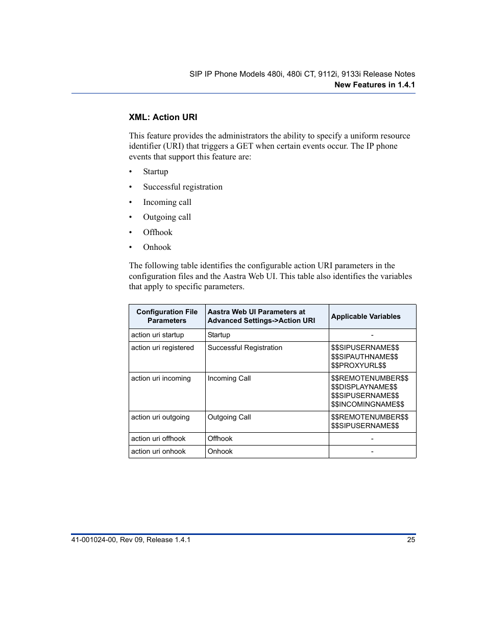 Xml: action uri | Aastra Telecom AASTRA 9112 I User Manual | Page 29 / 60