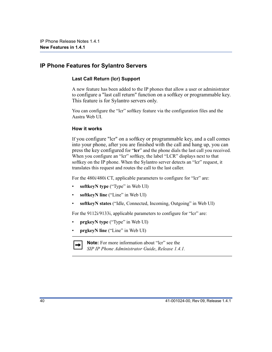 Ip phone features for sylantro servers, Last call return (lcr) support, How it works | Last call return (lcr) support how it works, A new feature ha | Aastra Telecom AASTRA 9112 I User Manual | Page 44 / 60