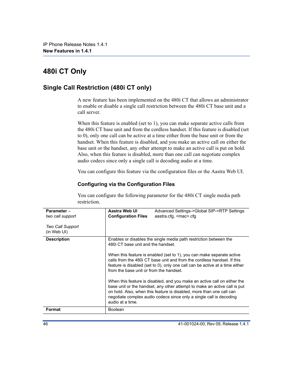 Single call restriction (480i ct only), Configuring via the configuration files, 480i ct only | Aastra Telecom AASTRA 9112 I User Manual | Page 50 / 60