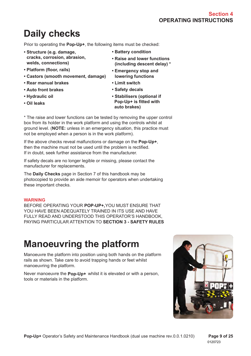 Daily checks, Manoeuvring the platform | Snorkel POP UP EC08 User Manual | Page 10 / 28