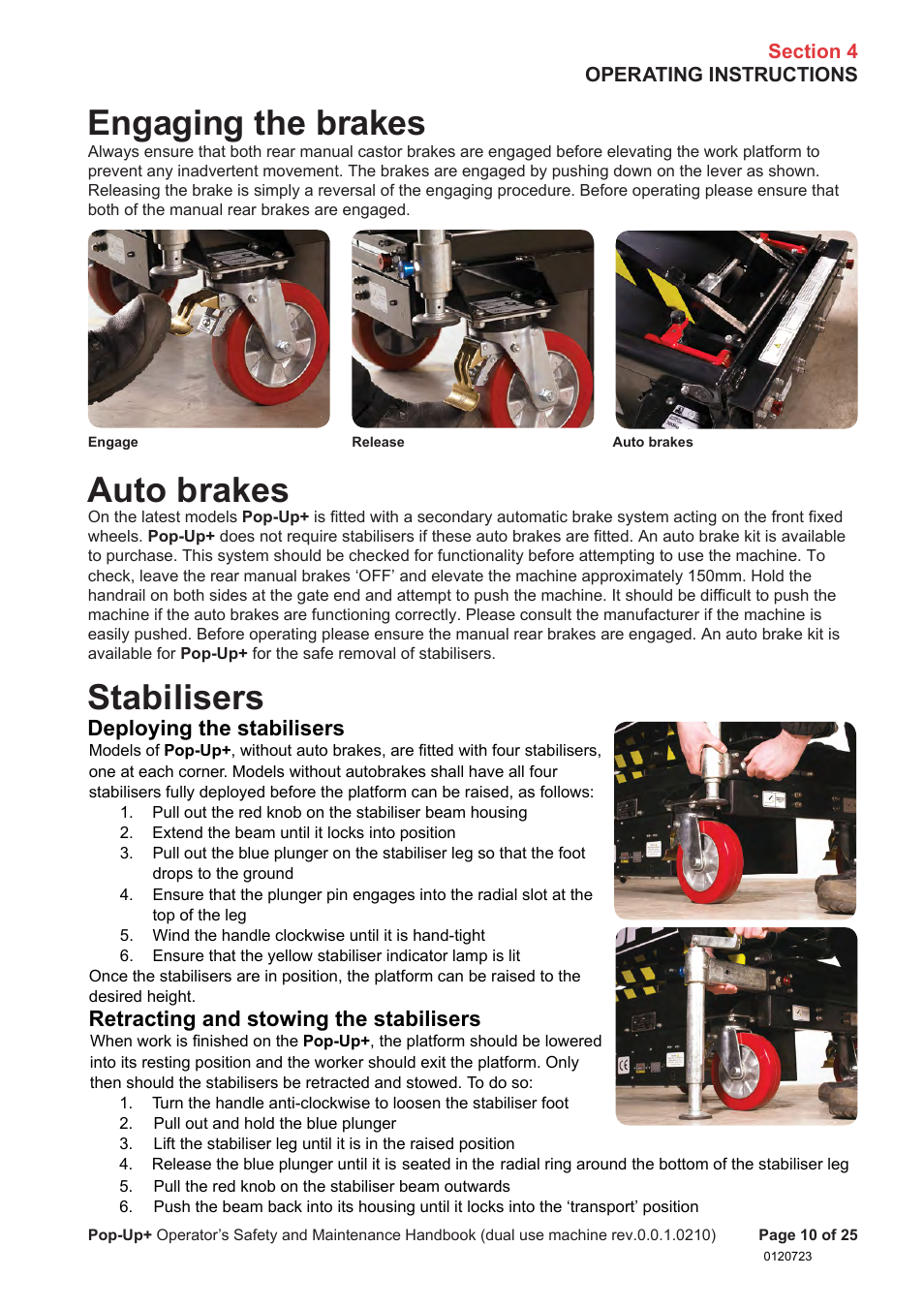 Engaging the brakes, Auto brakes, Stabilisers | Snorkel POP UP EC08 User Manual | Page 11 / 28