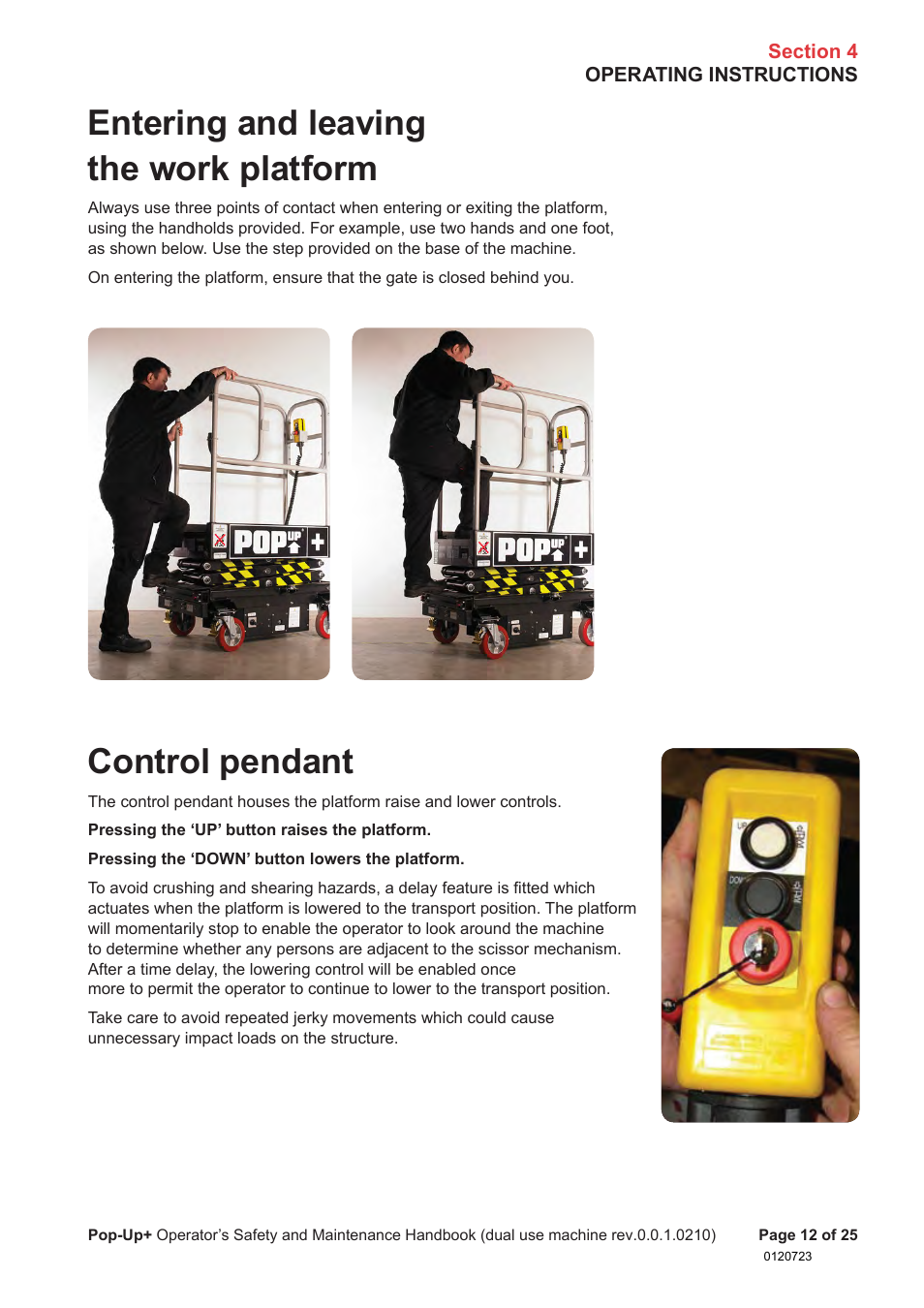 Entering and leaving the work platform, Control pendant | Snorkel POP UP EC08 User Manual | Page 13 / 28