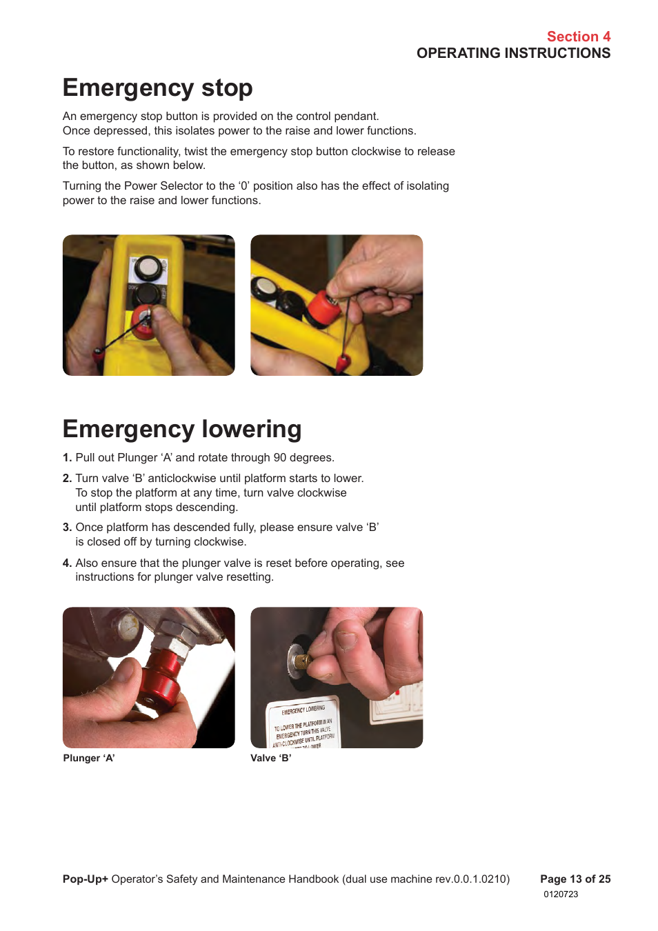 Emergency stop, Emergency lowering | Snorkel POP UP EC08 User Manual | Page 14 / 28