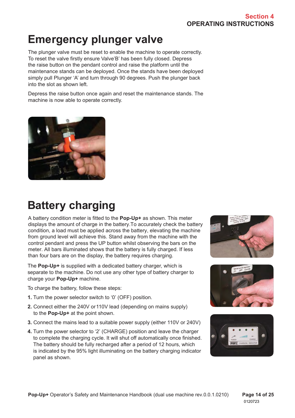 Emergency plunger valve, Battery charging | Snorkel POP UP EC08 User Manual | Page 15 / 28