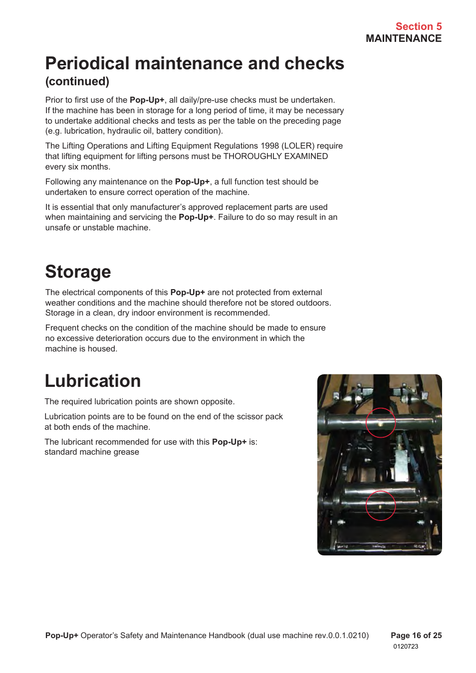 Periodical maintenance and checks, Storage, Lubrication | Continued) | Snorkel POP UP EC08 User Manual | Page 17 / 28