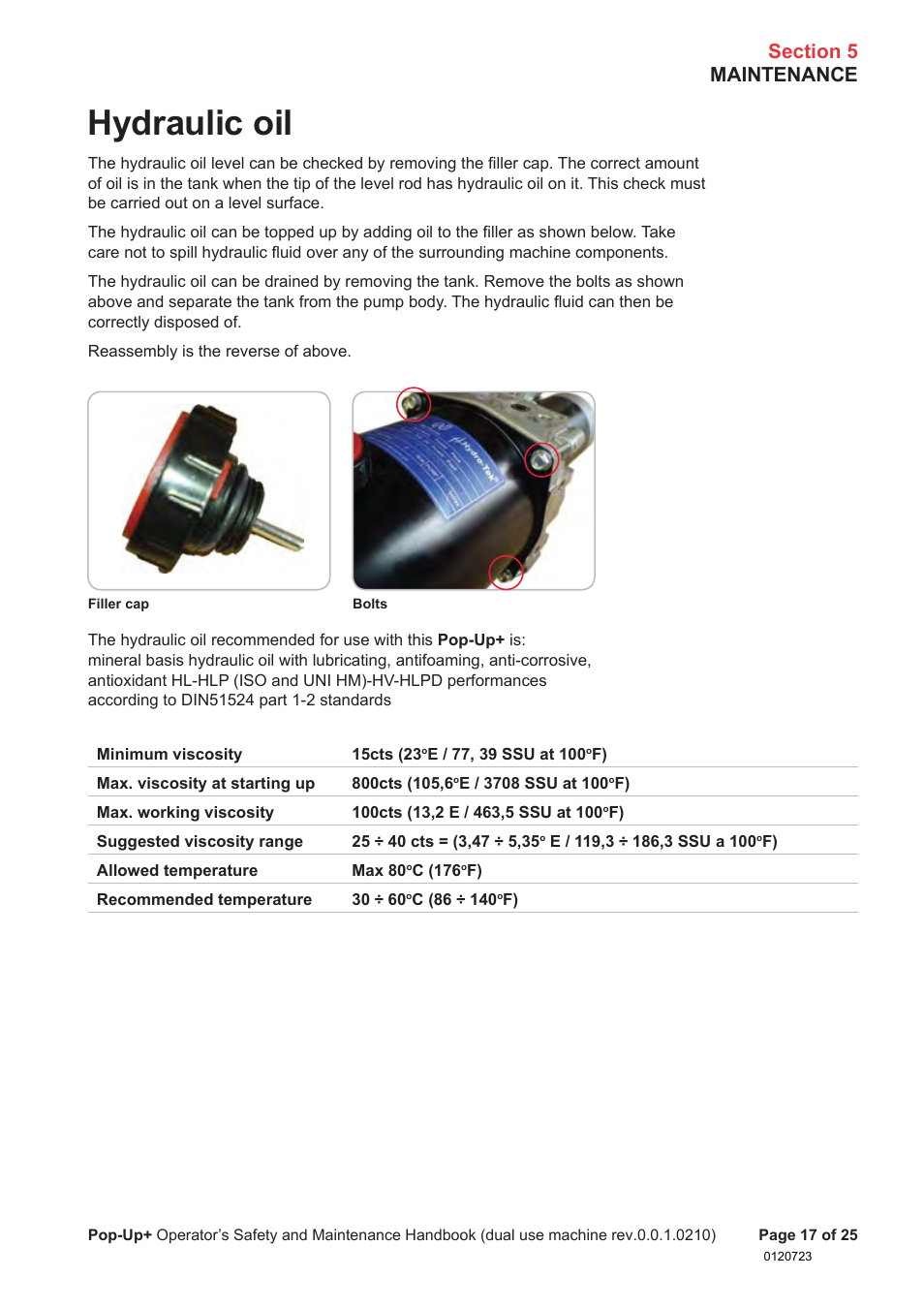 Hydraulic oil | Snorkel POP UP EC08 User Manual | Page 18 / 28