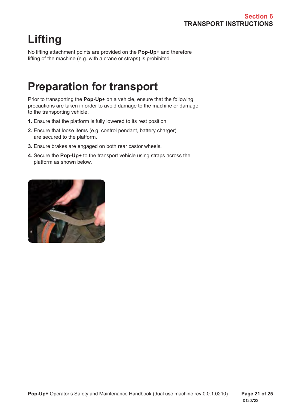 Lifting, Preparation for transport | Snorkel POP UP EC08 User Manual | Page 22 / 28