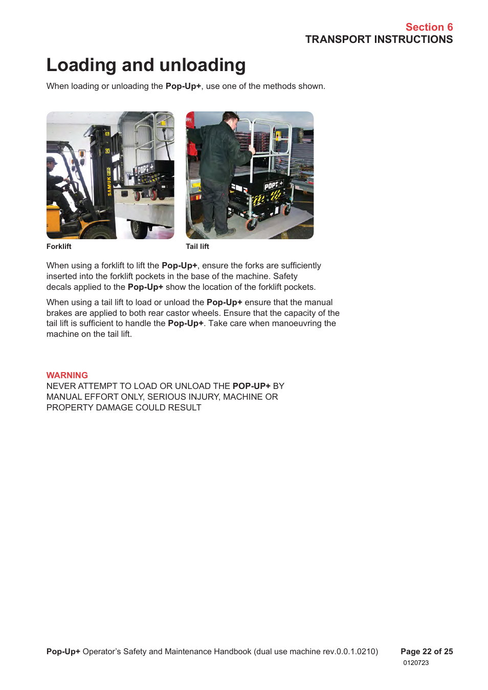 Loading and unloading | Snorkel POP UP EC08 User Manual | Page 23 / 28
