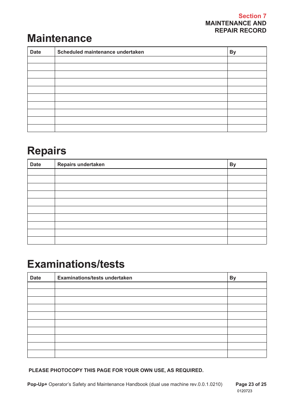 Maintenance repairs examinations/tests | Snorkel POP UP EC08 User Manual | Page 24 / 28