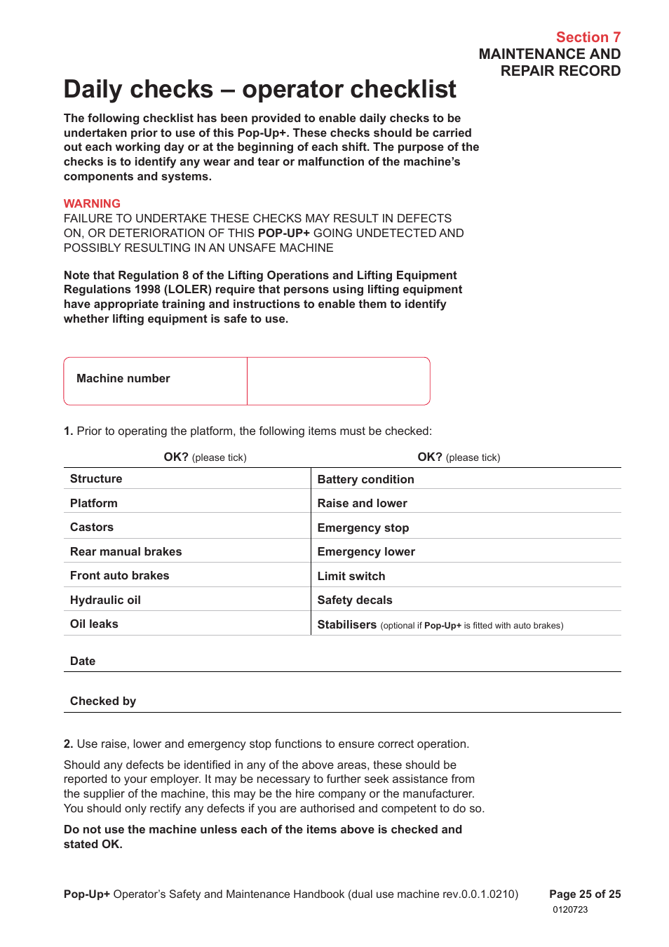 Daily checks – operator checklist | Snorkel POP UP EC08 User Manual | Page 26 / 28