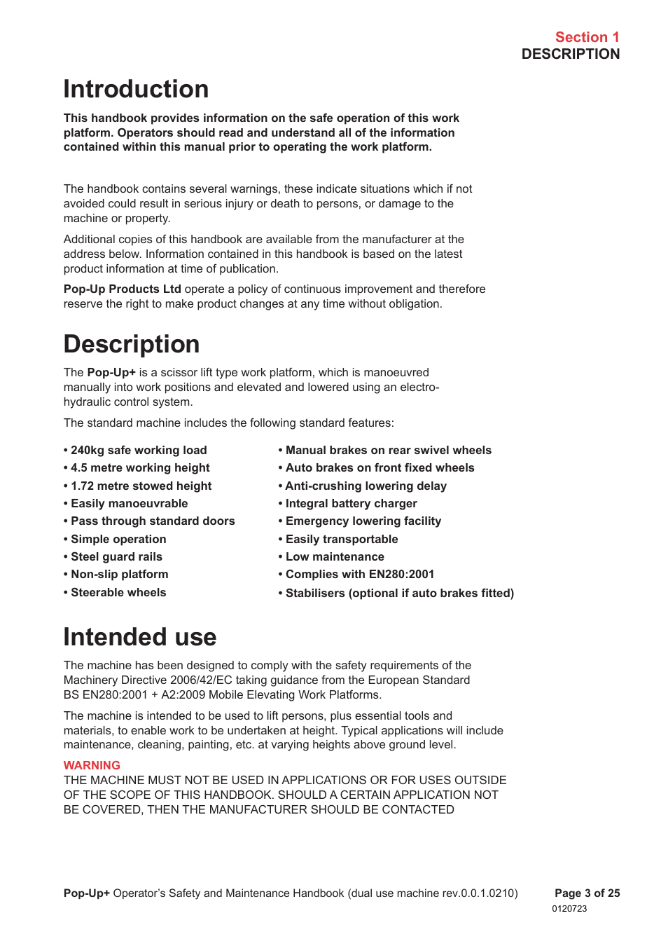 Introduction, Description, Intended use | Snorkel POP UP EC08 User Manual | Page 4 / 28