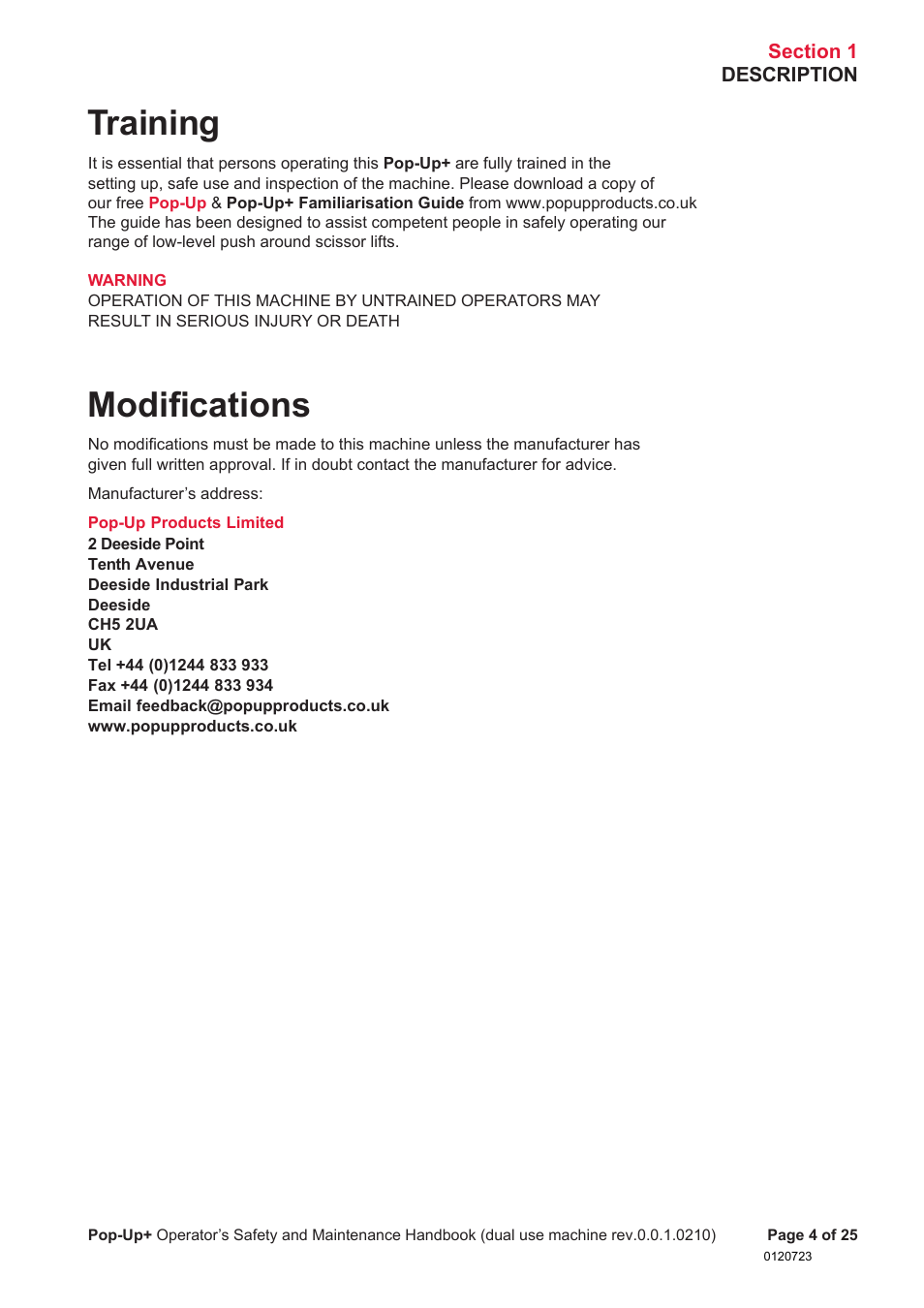 Training, Modiﬁcations | Snorkel POP UP EC08 User Manual | Page 5 / 28