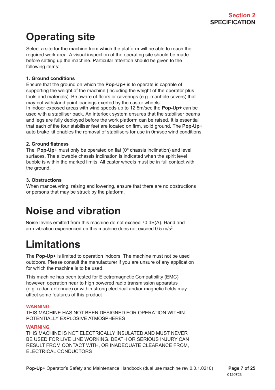 Operating site, Noise and vibration, Limitations | Snorkel POP UP EC08 User Manual | Page 8 / 28