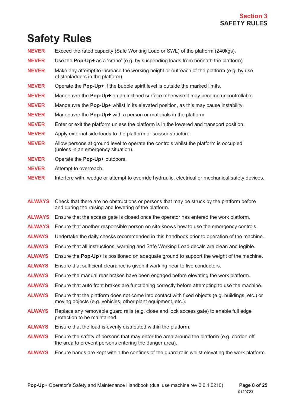 Safety rules | Snorkel POP UP EC08 User Manual | Page 9 / 28