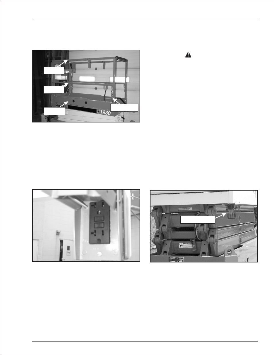 Guardrails 4-3, Ground fault circuit interrupter 4-3, Tilt alarm 4-3 | Horn 4-3, Flashing light 4-3, Electrical power outlet, 4-3, 8-8, 9-4, Accidental conductor grounding, 4-3, Ground fault circuit interrupter, 4-3, Engine protection systems, 4-3, Flashing light, 4-3, 8-6 | Snorkel S1930 User Manual | Page 15 / 54