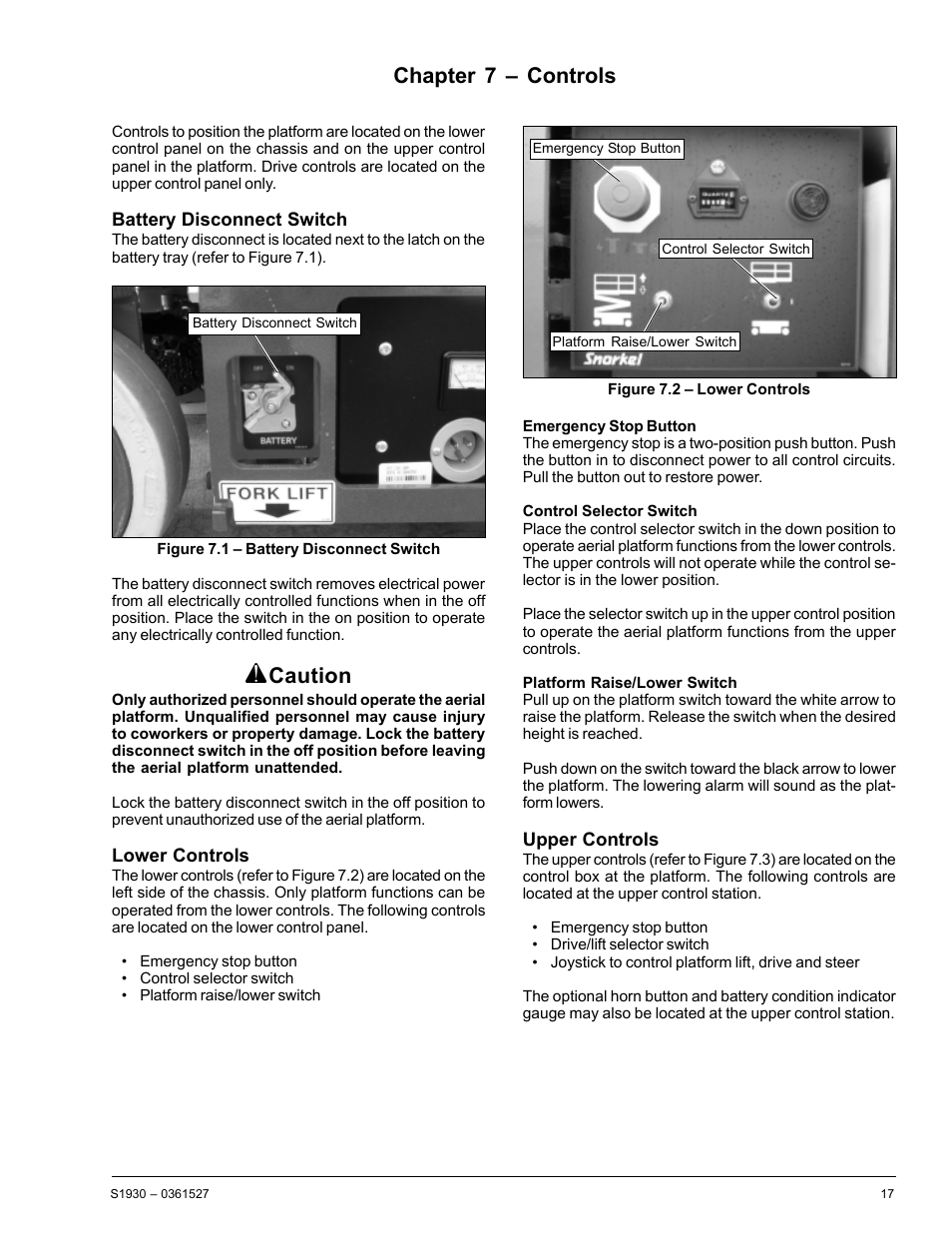 Caution, Chapter 7 – controls | Snorkel S1930-snAP05168 User Manual | Page 21 / 50