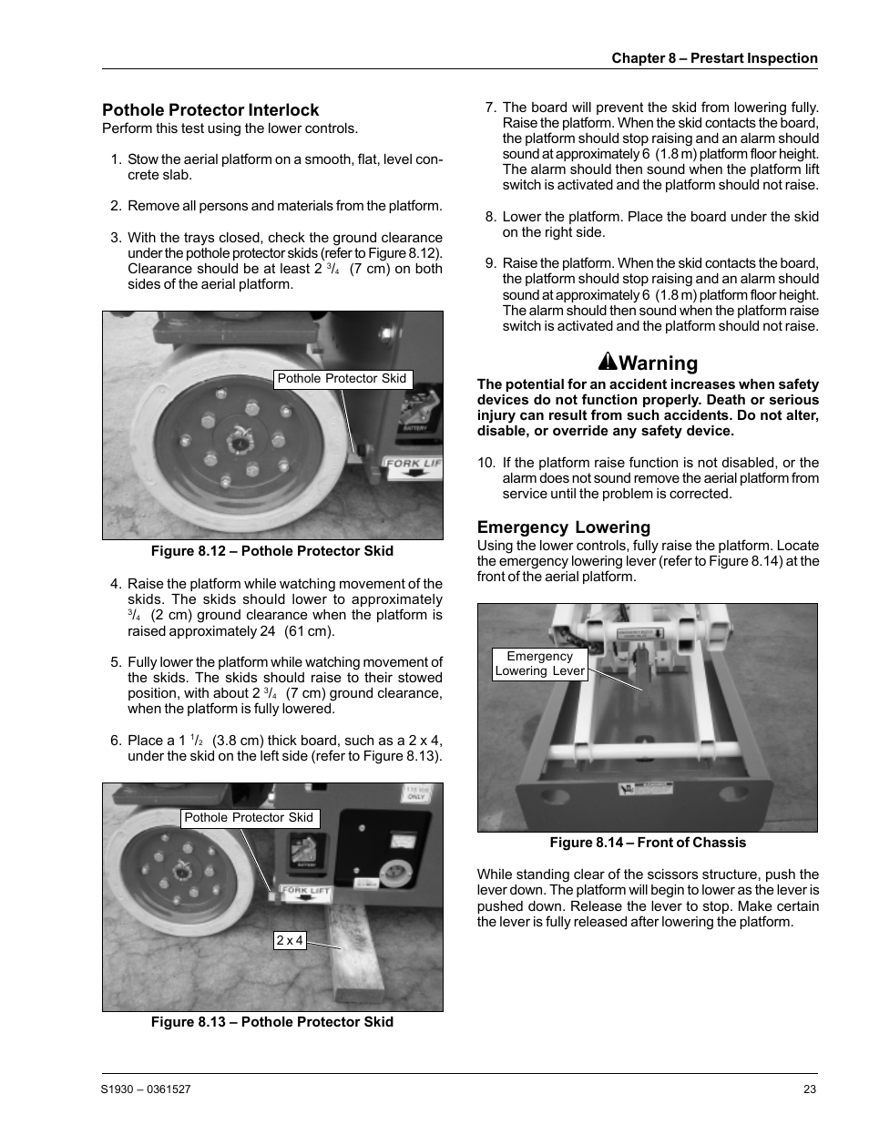 Warning, Emergency lowering, Pothole protector interlock | Snorkel S1930-snAP05168 User Manual | Page 27 / 50
