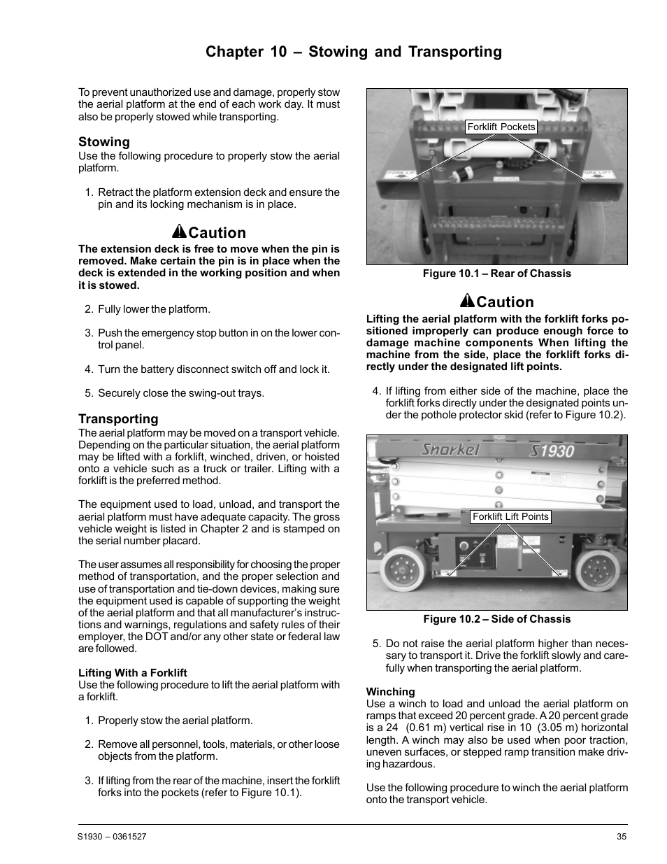 Caution, Chapter 10 – stowing and transporting | Snorkel S1930-snAP05168 User Manual | Page 39 / 50