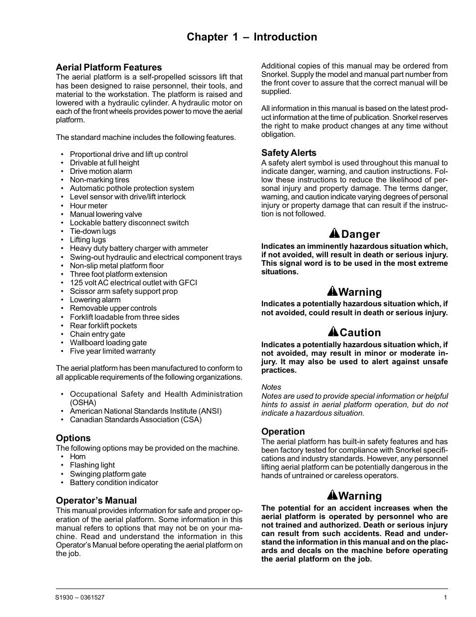 Chapter 1 – introduction, Danger, Warning | Caution | Snorkel S1930-snAP05168 User Manual | Page 5 / 50