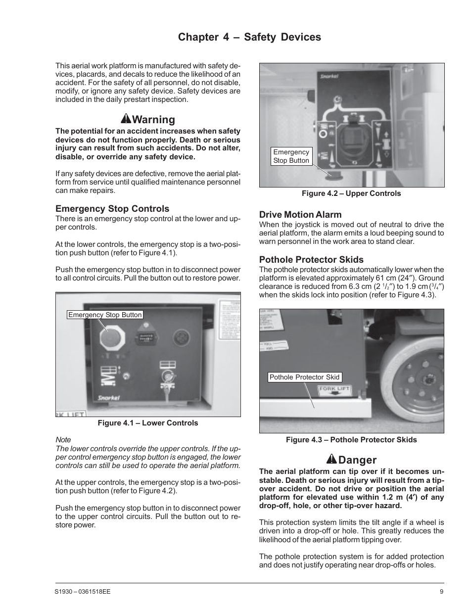 Warning, Chapter 4 – safety devices, Danger | Snorkel S1930CE User Manual | Page 13 / 52