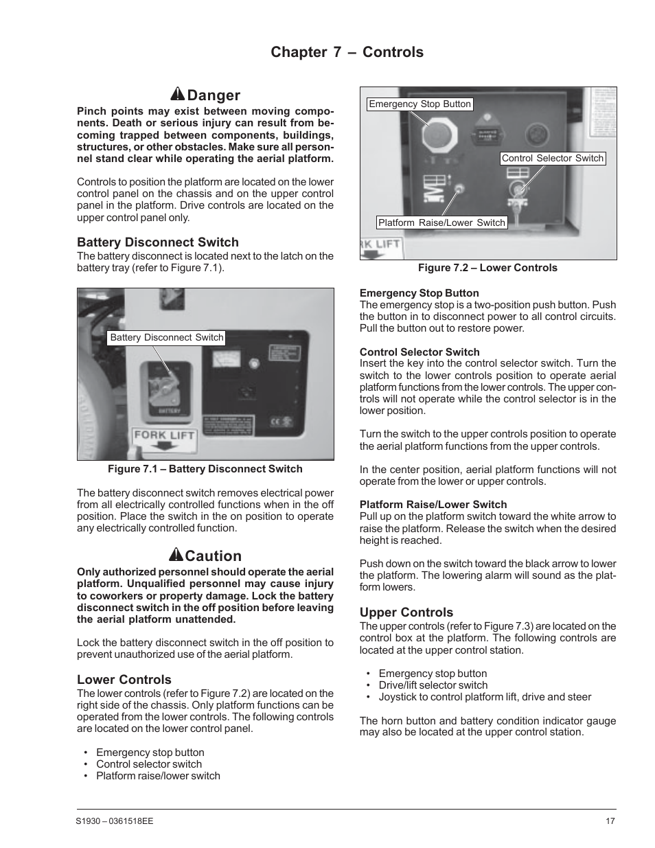 Danger, Caution, Chapter 7 – controls | Snorkel S1930CE User Manual | Page 21 / 52