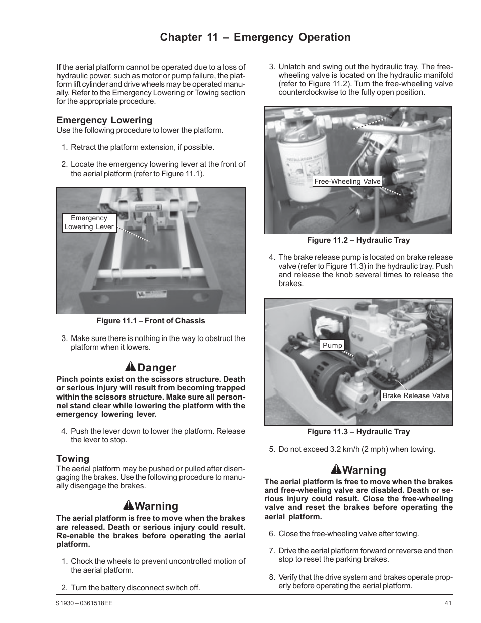 Warning, Danger, Chapter 11 – emergency operation | Snorkel S1930CE User Manual | Page 45 / 52