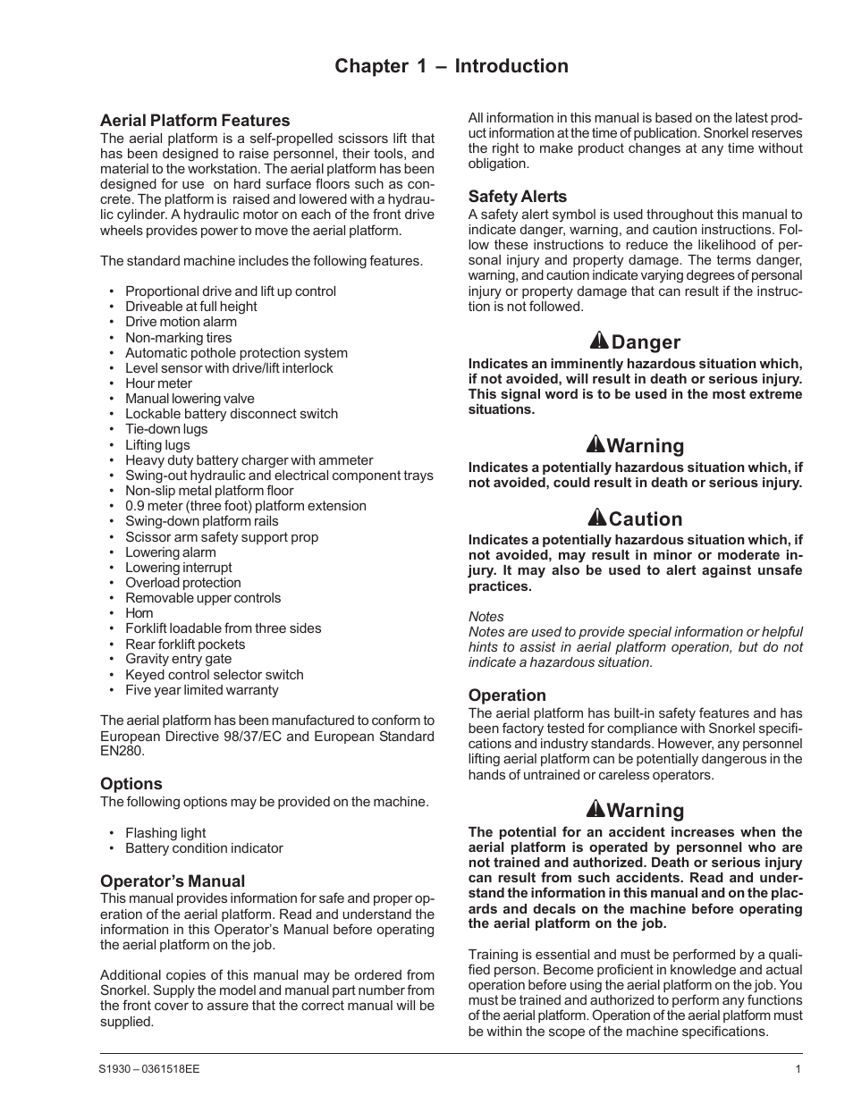 Chapter 1 – introduction, Danger, Warning | Caution | Snorkel S1930CE User Manual | Page 5 / 52