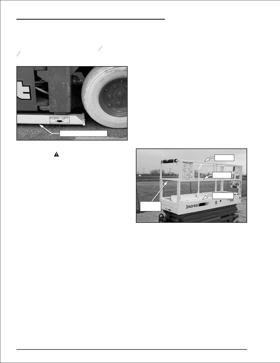 Pothole protector skids 4-2, Drive/lift pothole protector interlock 4-2, Drive/lift level sensor interlock 4-2 | Guardrails 4-2, Drive/lift level sensor interlock, 4-2, 9-2, Drive/lift pothole protector interlock, 4-2, Guardrails, 4-2, Skids, 4-2, Danger, Chapter 4. safety devices | Snorkel S2033 User Manual | Page 16 / 50
