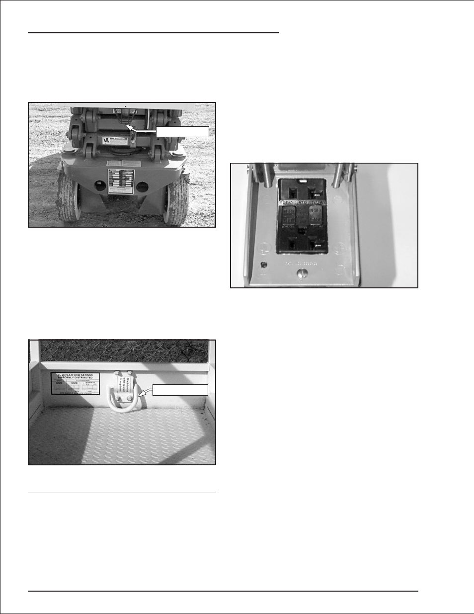 Flashing light 4-4, Lanyard anchors 4-4, Horn 4-4 | Electrical power outlet 4-4, Electrical power outlet, 4-4, 8-9, 9-4, Chapter 4. safety devices | Snorkel S2033 User Manual | Page 18 / 50