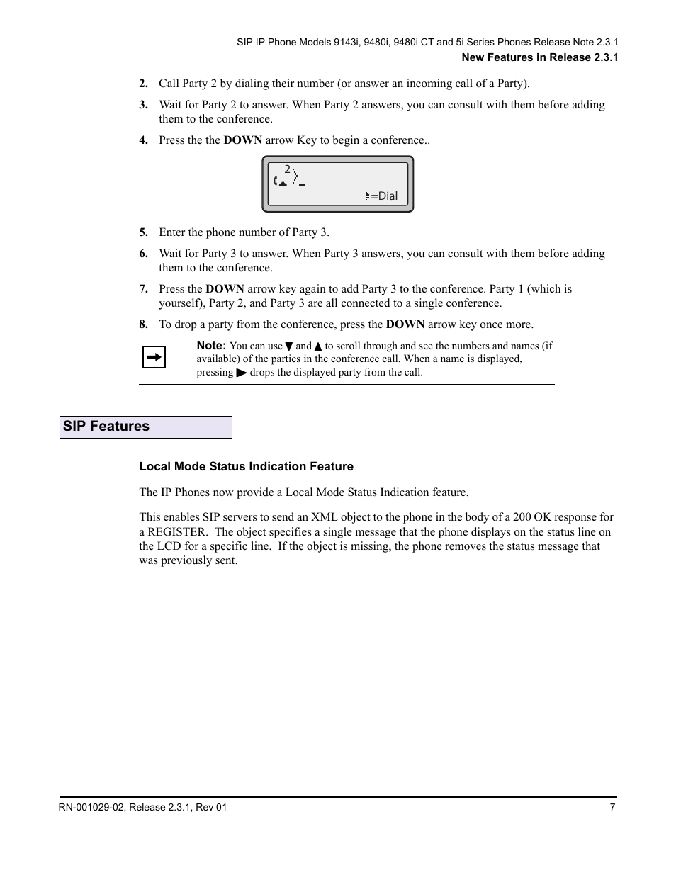 Sip features, Local mode status indication feature | Aastra Telecom 9480i User Manual | Page 11 / 16