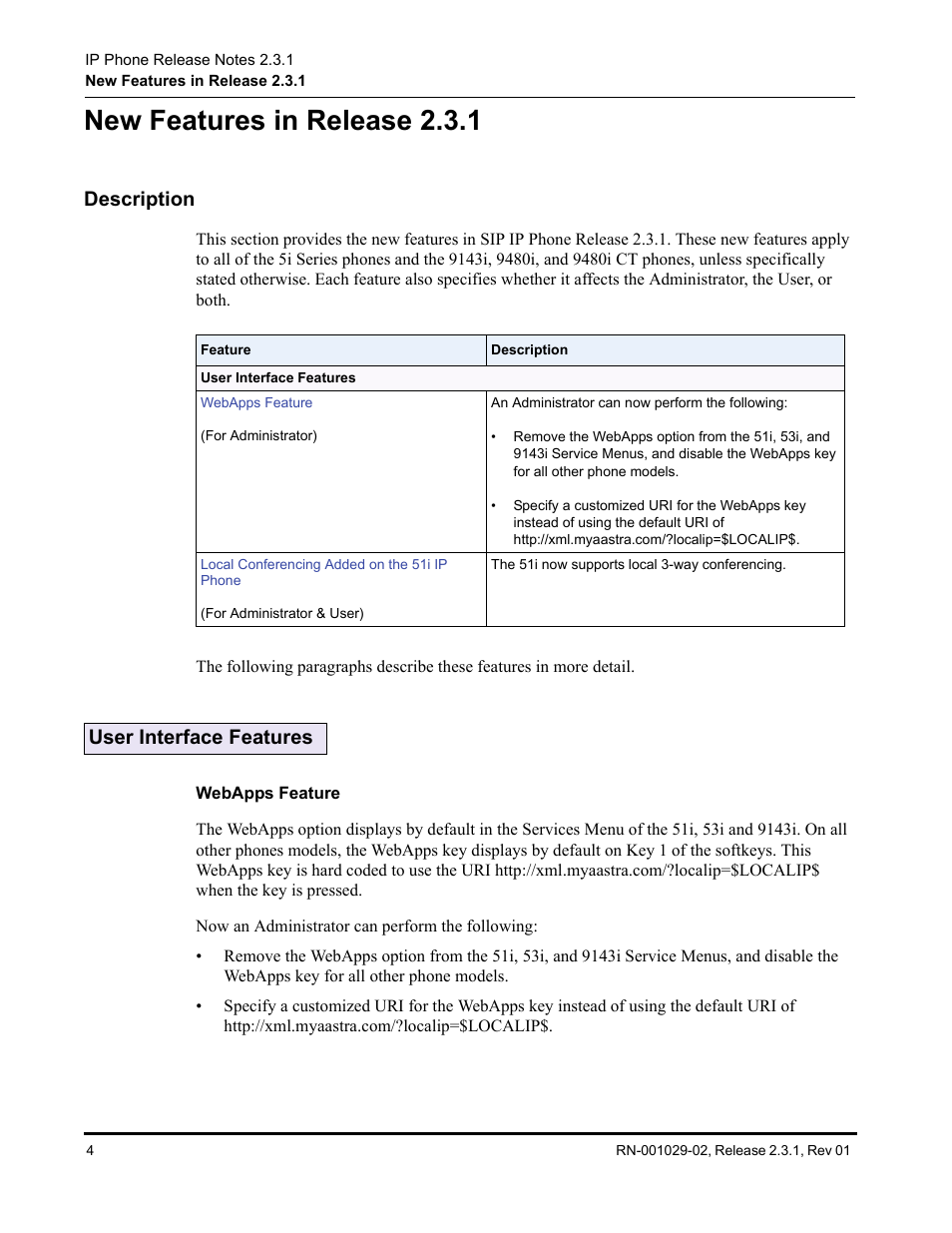 New features in release 2.3.1, Description, User interface features | Webapps feature, Description user interface features | Aastra Telecom 9480i User Manual | Page 8 / 16