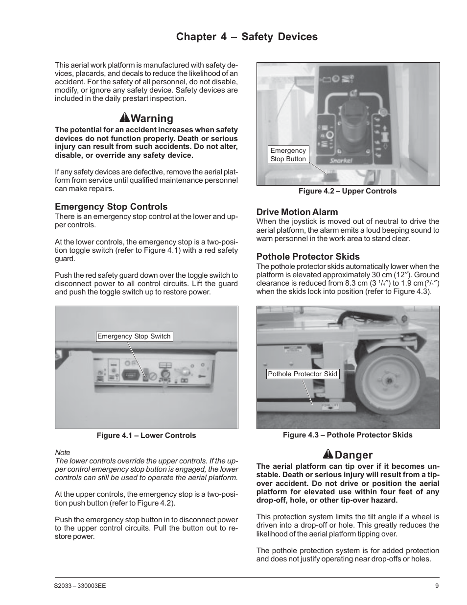 Warning, Chapter 4 – safety devices, Danger | Snorkel S2033CE User Manual | Page 13 / 54