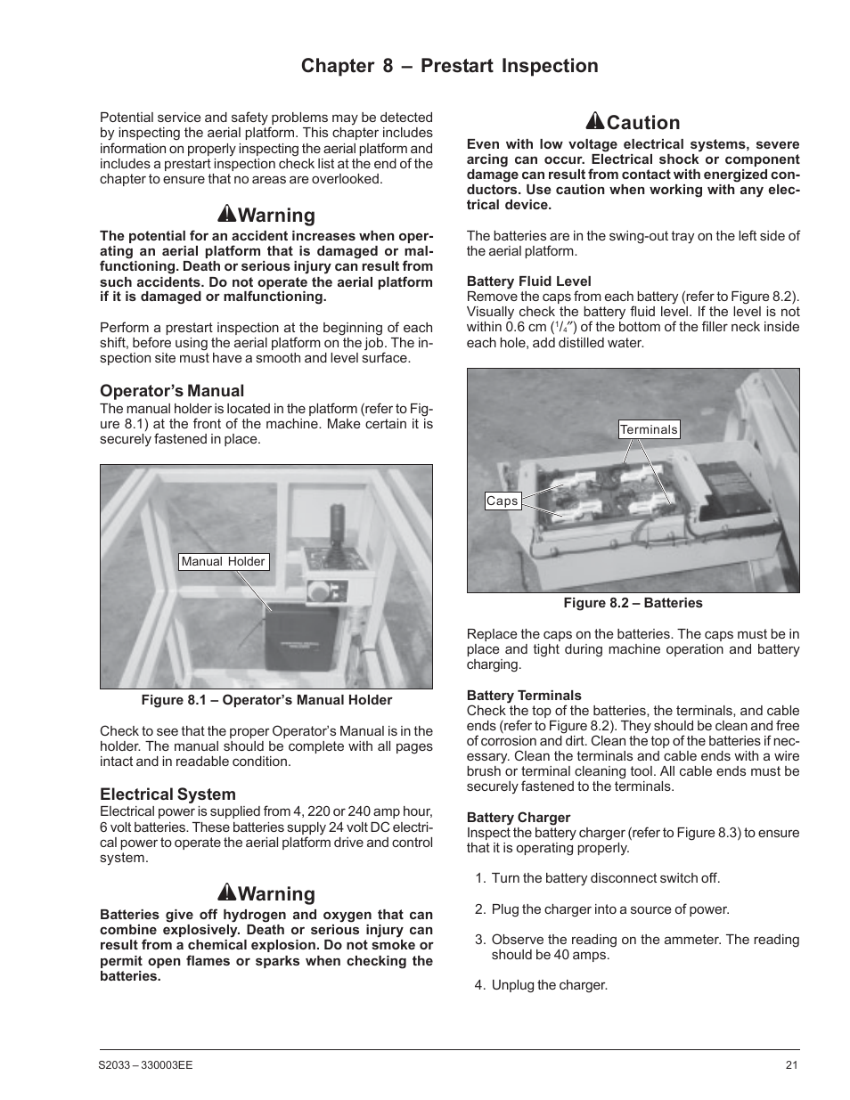 Caution, Warning, Chapter 8 – prestart inspection | Snorkel S2033CE User Manual | Page 25 / 54