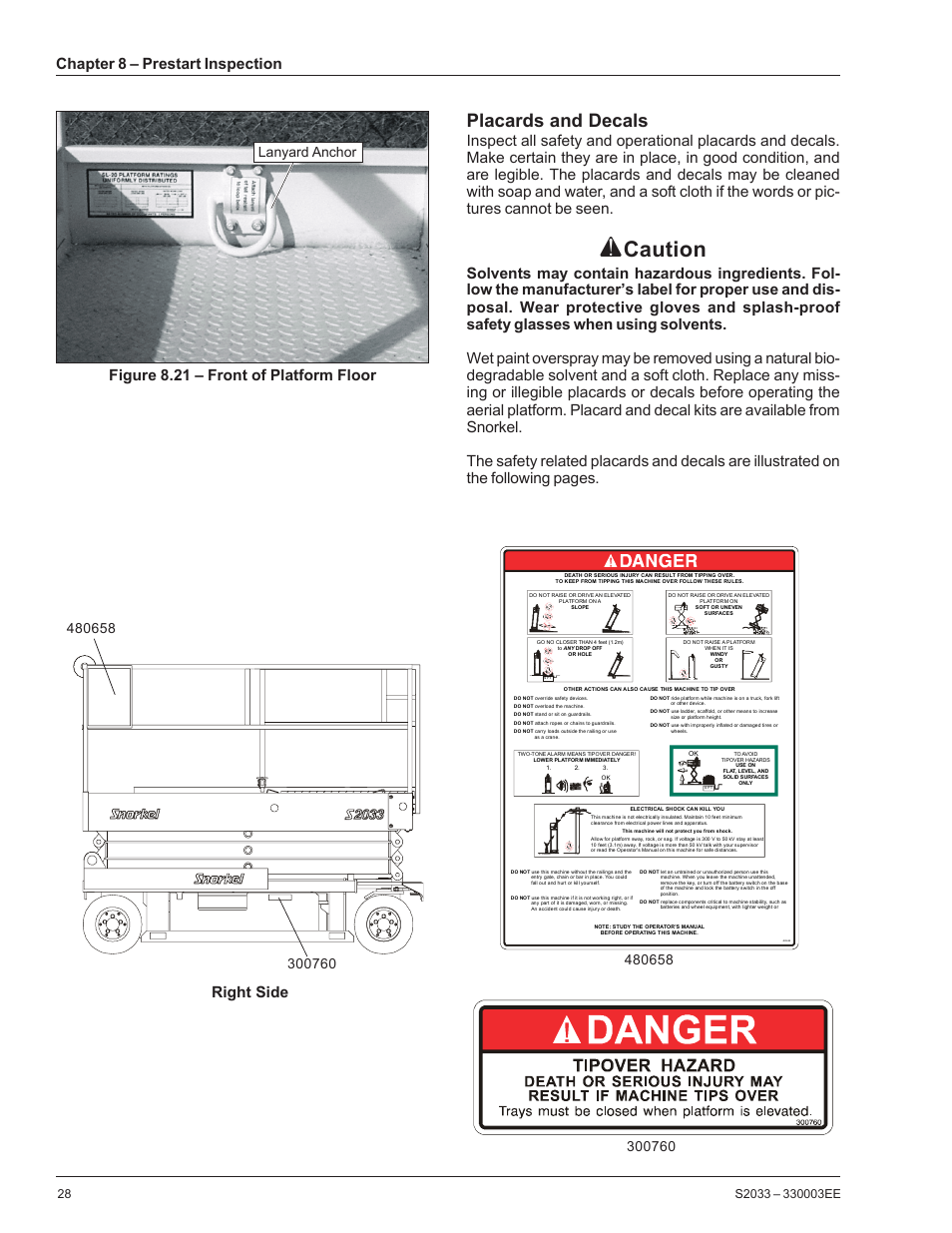 Caution, Placards and decals, Chapter 8 – prestart inspection | Figure 8.21 – front of platform floor, Right side | Snorkel S2033CE User Manual | Page 32 / 54