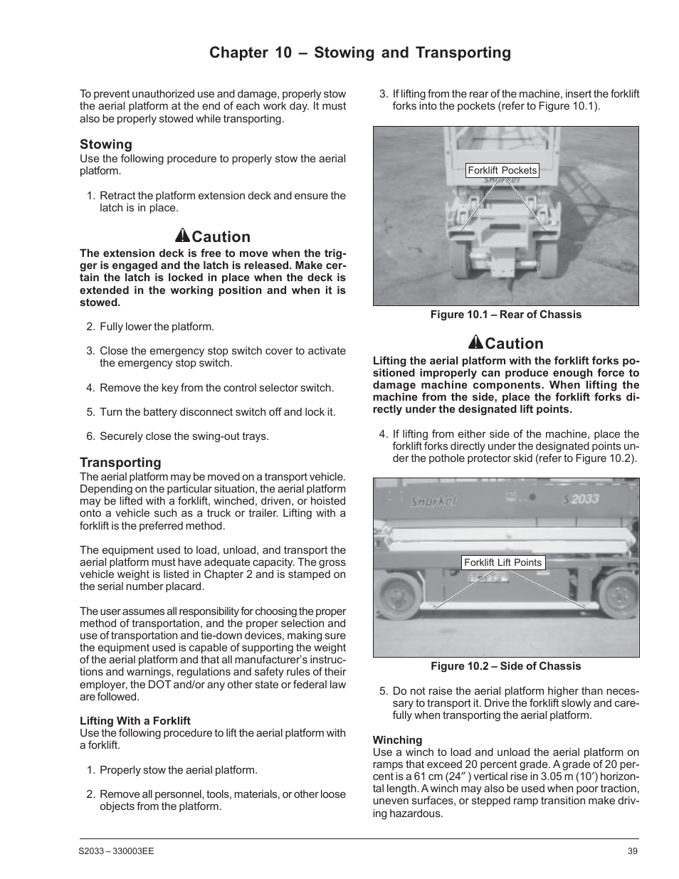 Caution, Chapter 10 – stowing and transporting | Snorkel S2033CE User Manual | Page 43 / 54