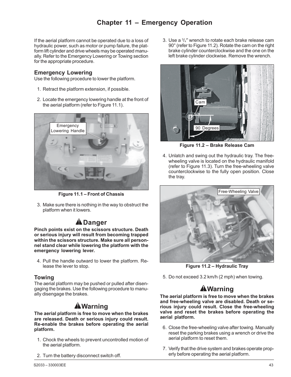 Warning, Danger, Chapter 11 – emergency operation | Snorkel S2033CE User Manual | Page 47 / 54